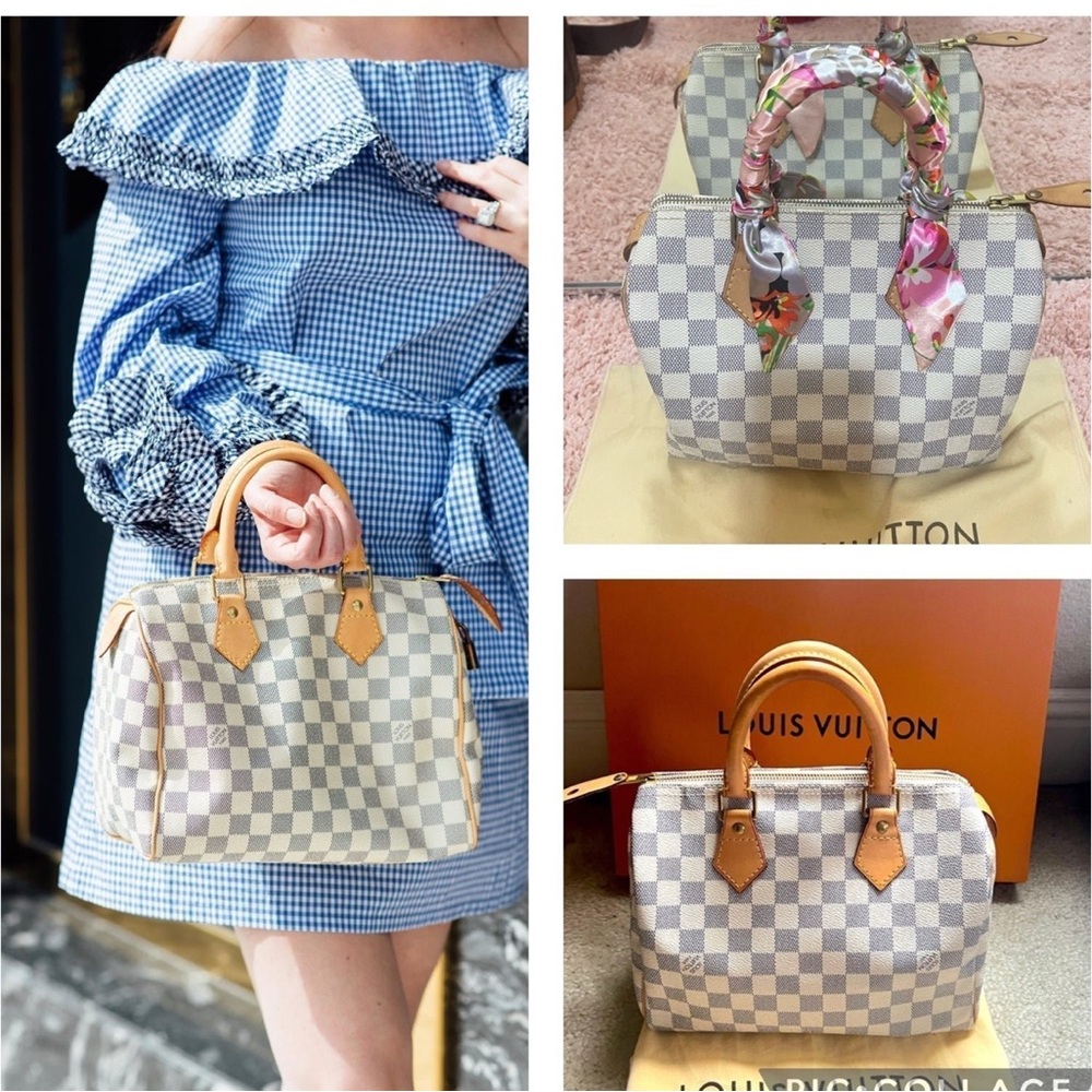 - Louis Vuitton speedy 25 Tan and Cream Checkered Satchel with Gold Accents